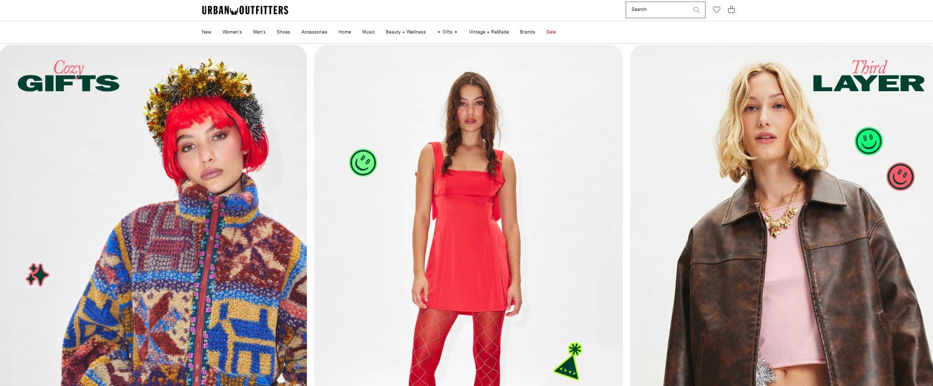 Urban Outfitters website screenshot showing models dressed in trendy, seasonal outfits aimed at driving impulse purchases