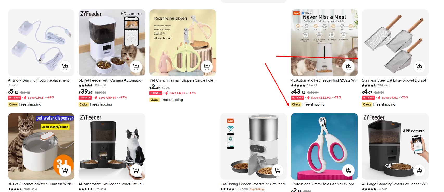 Screenshot of an e-commerce site showing an automatic cat feeder alongside related accessories like a litter scoop and nail clippers boosting AOV by driving impulse buys