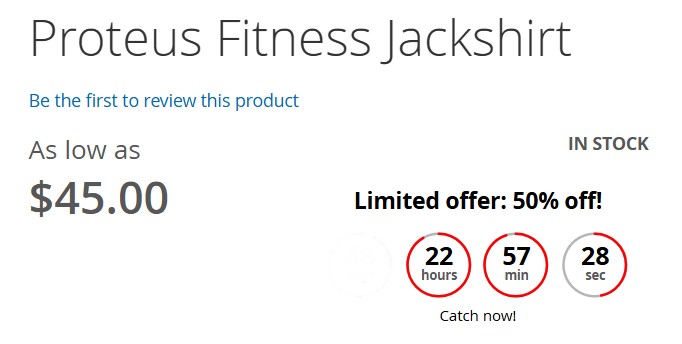 Screenshot of a product page with a countdown timer by Amasty indicating a limited-time offer with 22 hours left.