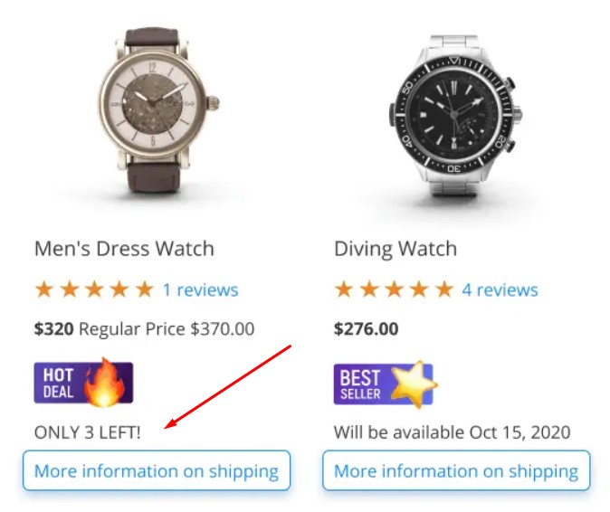 E-commerce product page showing a custom stock status alert, indicating limited availability with “Only 3 Left!”