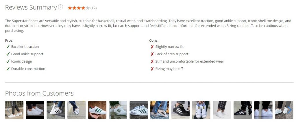 Screenshot of a product review summary by Amasty on an e-commerce site, showing pros, cons, and customer photos.