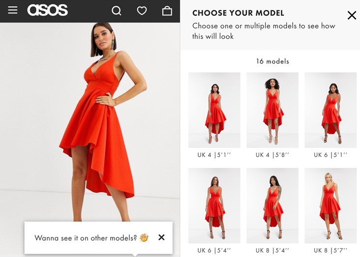 Screenshot of the ASOS app showcasing the "See My Fit" feature, allowing users to view a red dress on models of different sizes and heights.