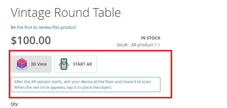 a Magento 2 product page with the AR display buttons