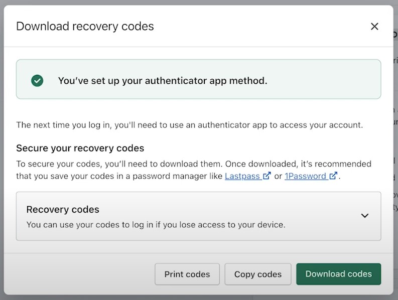 a screenshot showing a prompt to Download recovery codes for Shopify authenticator app