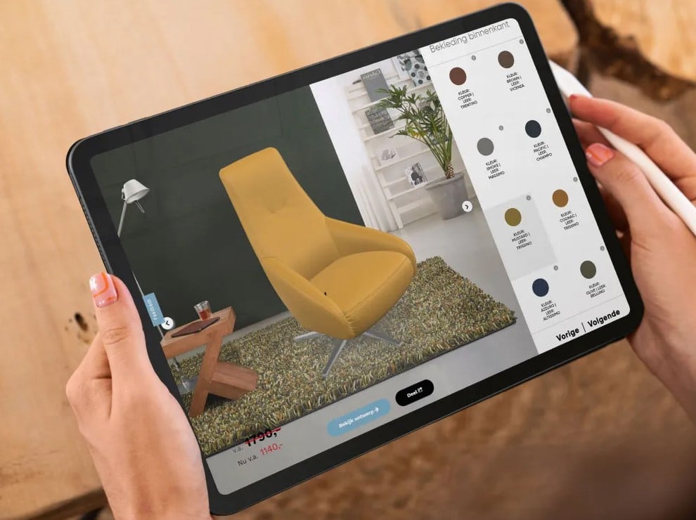 AR view of a chair on a tablet screen with a room background image