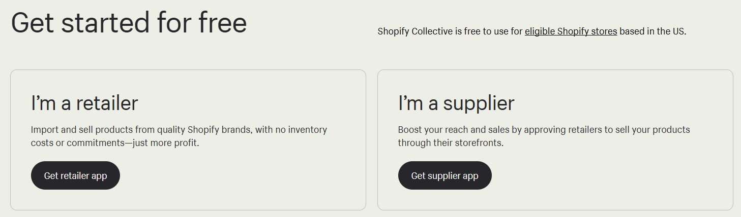 Shopify Collective sign-up options for retailers and suppliers, highlighting free access for eligible U.S.-based stores.