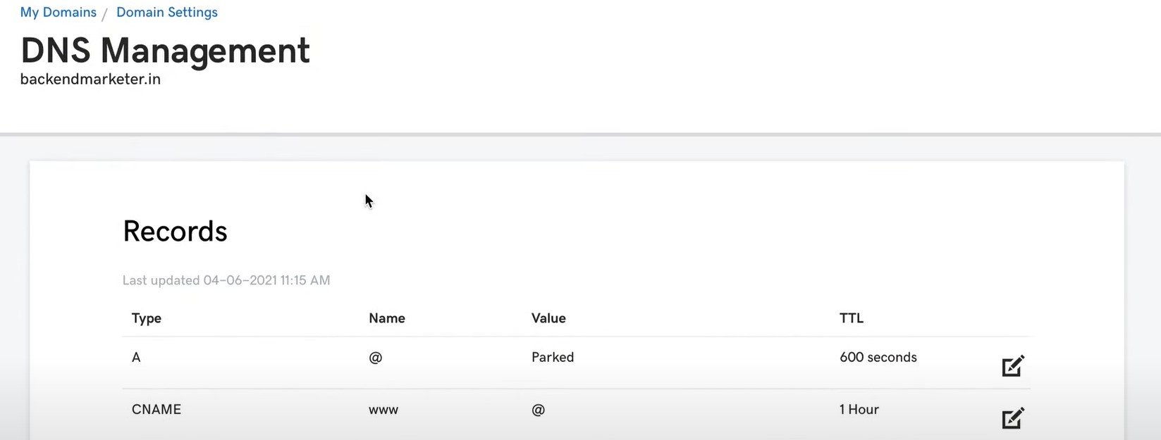 GoDaddy DNS management screen showing DNS records for connecting a domain to Shopify