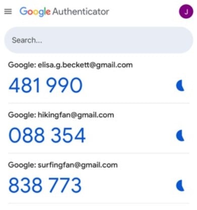 Screenshot with codes in Google authenticator app 