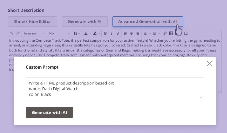 screenshot of Magento 2 AI content generator amasty: creating cutom prompt