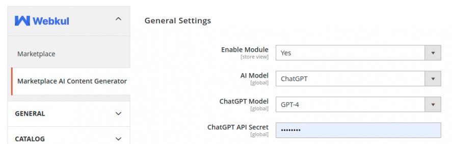 Screenshot with settings of Magento AI Content Generator by Webkul