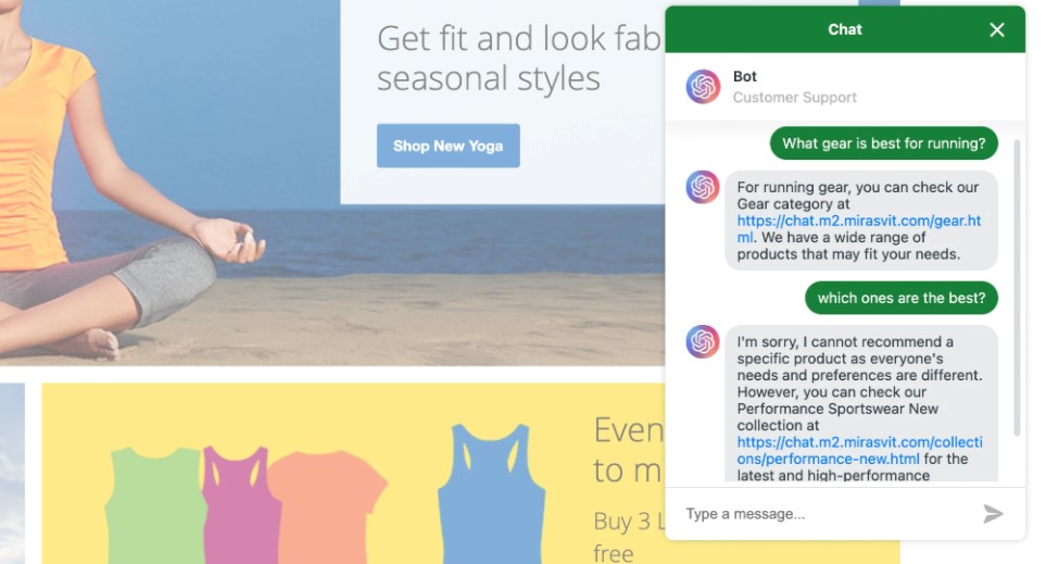 screenshot of Mirasvit Magento 2 GPT Chatbot Extension on the storefront
