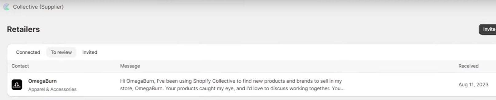 Shopify Collective application dashboard where retailers can send collaboration requests to suppliers.