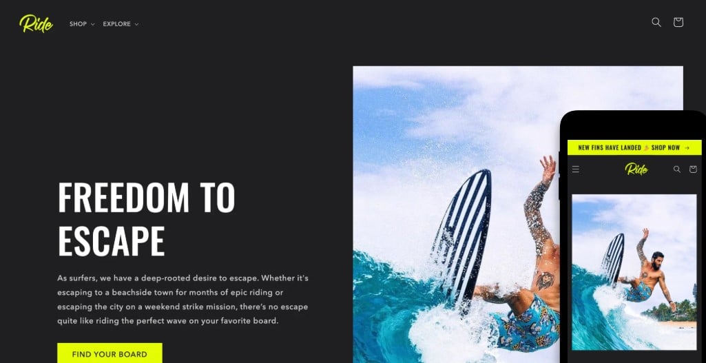 Ride free Shopify theme featuring bold design and striking visuals for sports equipment and outdoor stores.