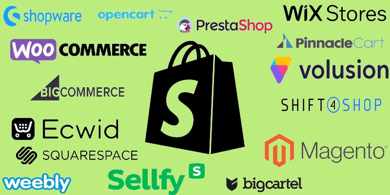 cover for shopify alternatives article that includes logos of Shopiffy, magento, bigcommerce, shopware, etc