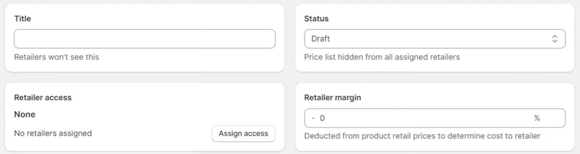 Shopify Collective price list settings, enabling suppliers to set wholesale prices and assign retailer margins.