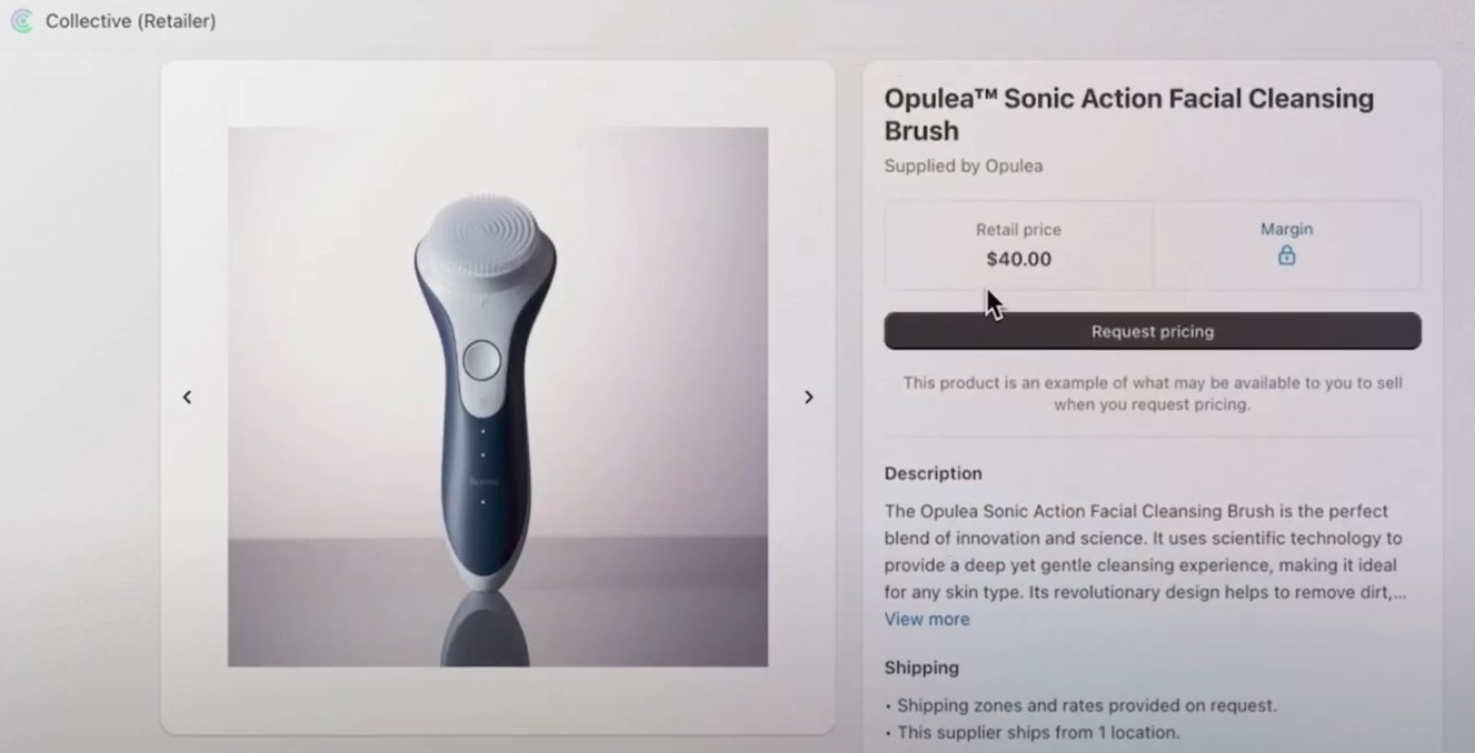 Shopify Collective interface allowing retailers to view product details and request pricing from suppliers.