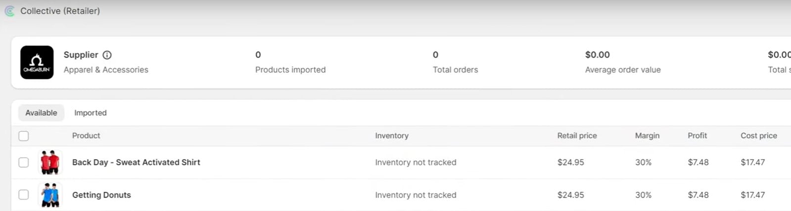 Shopify Collective interface showing a retailer selecting products from suppliers, including inventory and pricing details.