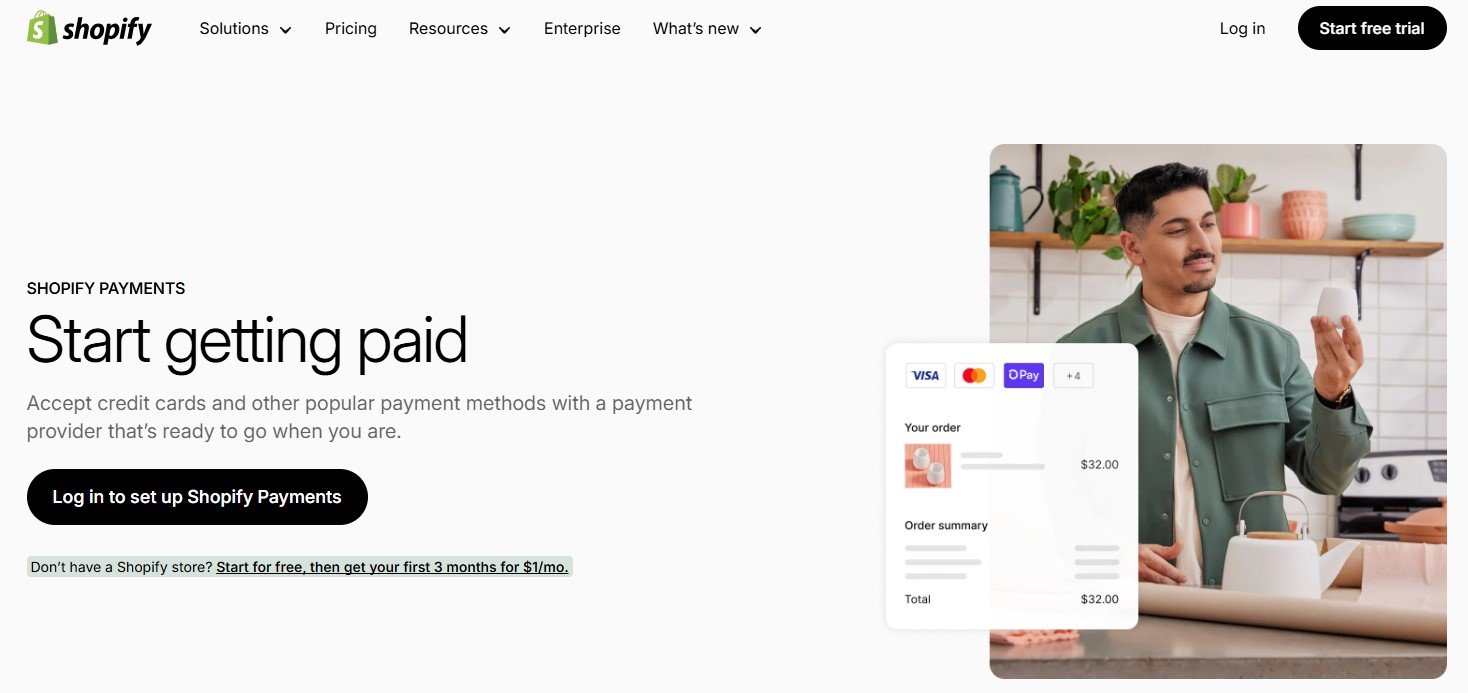 Shopify Payments setup page showing credit card acceptance for Shopify stores with transparent payment processing fees.