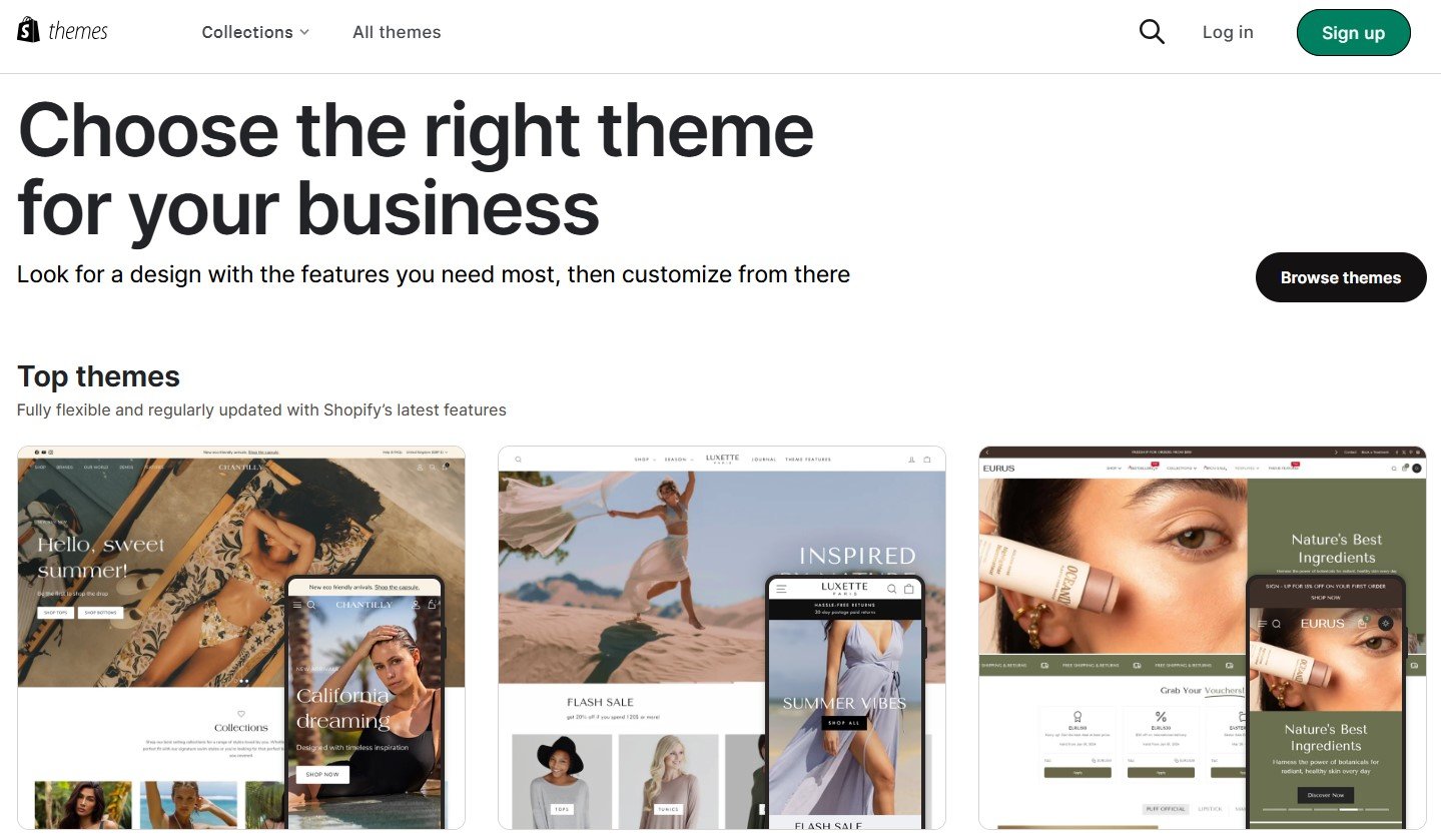 Shopify themes collection with examples of flexible, mobile-friendly templates for e-commerce businesses.