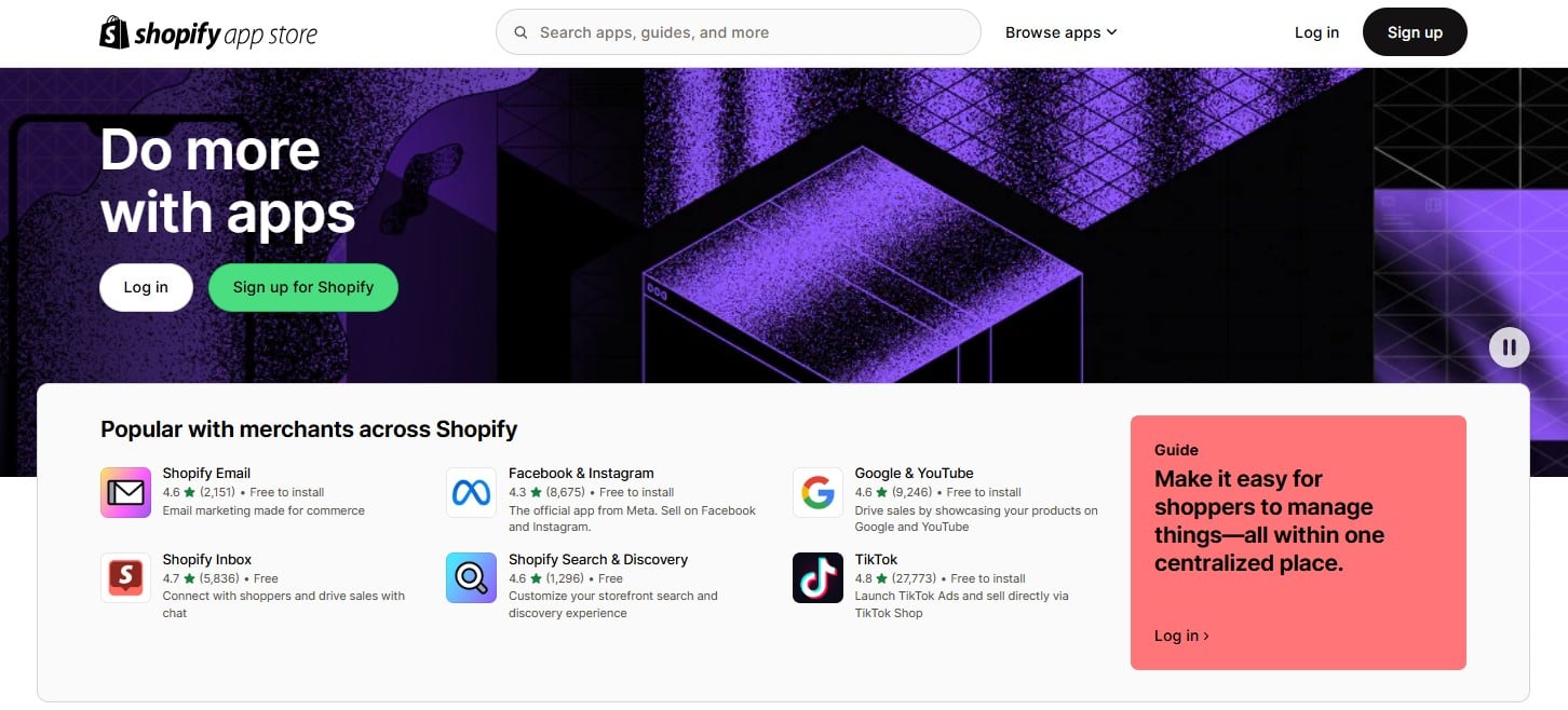 Shopify App Store homepage showcasing popular free apps like Shopify Email, Facebook & Instagram, and TikTok integrations.