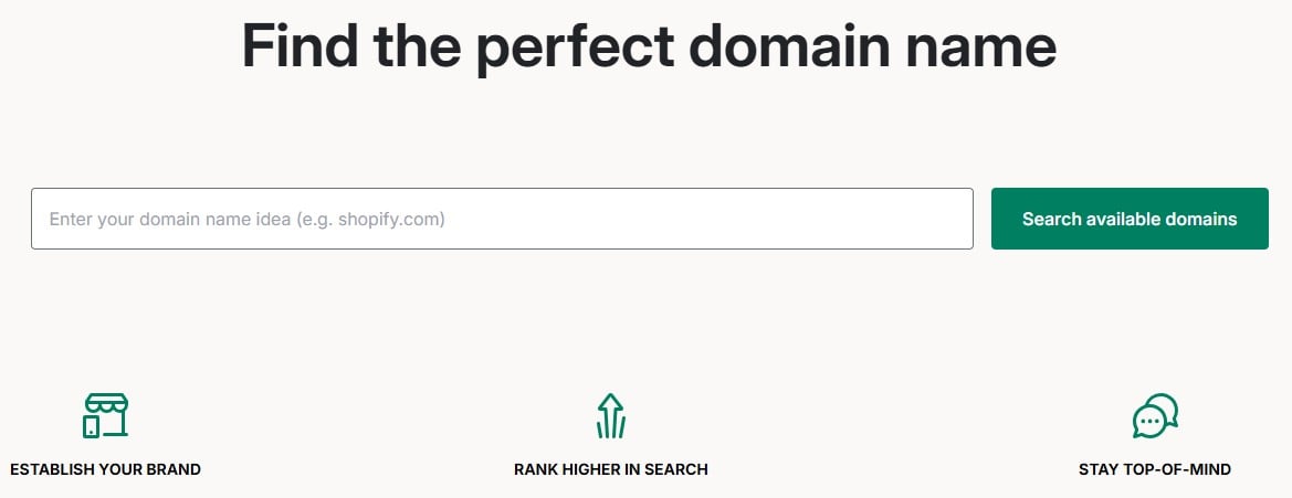 Shopify domain name search tool for businesses to find and purchase branded domains.