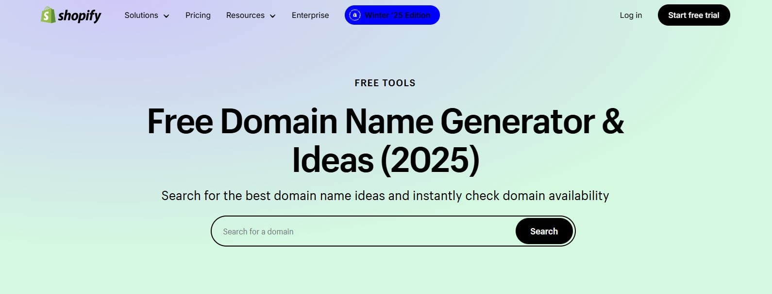 Shopify free domain name generator tool helping users find and check availability for Shopify domains