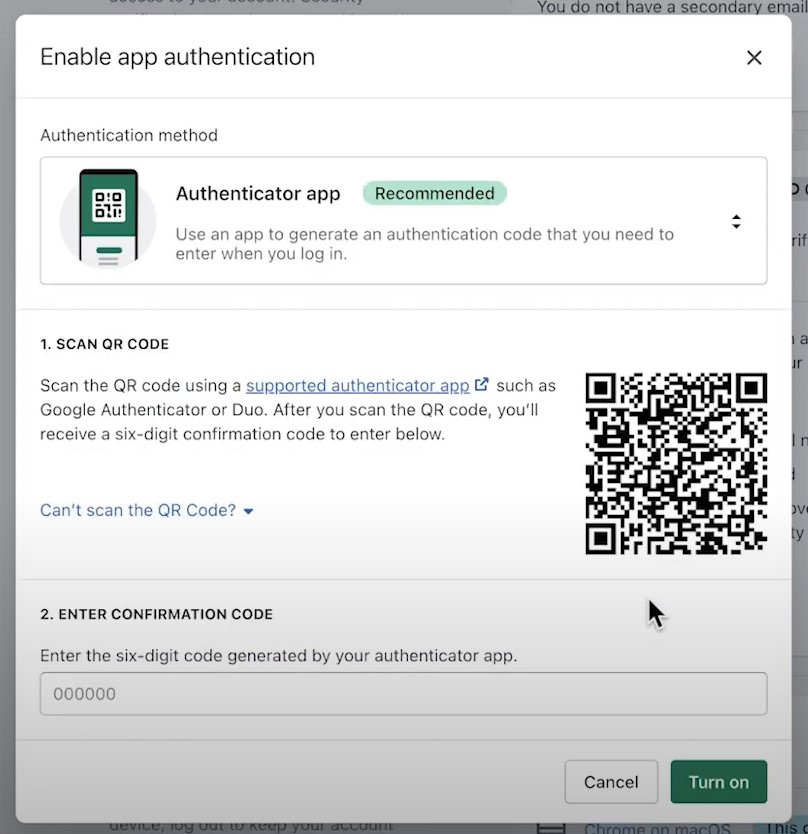 screenshot showing how to enable Shopify two-step authentication app