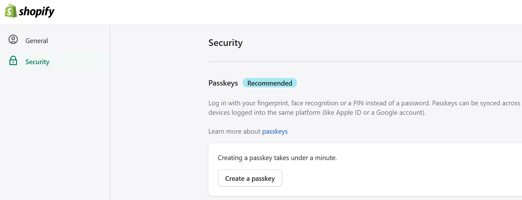 screenshot with Shopify security settings passkeys