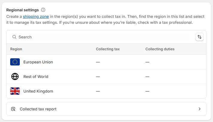 Shopify POS tax settings interface for configuring regional taxes and duties, ensuring compliance and accurate sales tax calculations