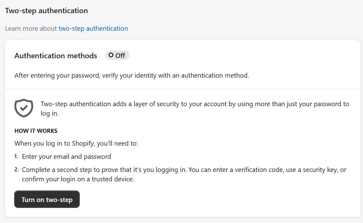 screenshot with Shopify two-step authentication settings