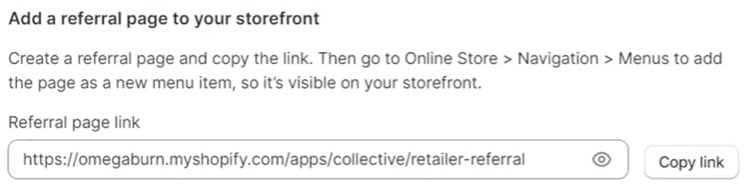 Shopify Collective instructions for adding a referral page to a storefront, including a link for retailers to connect.