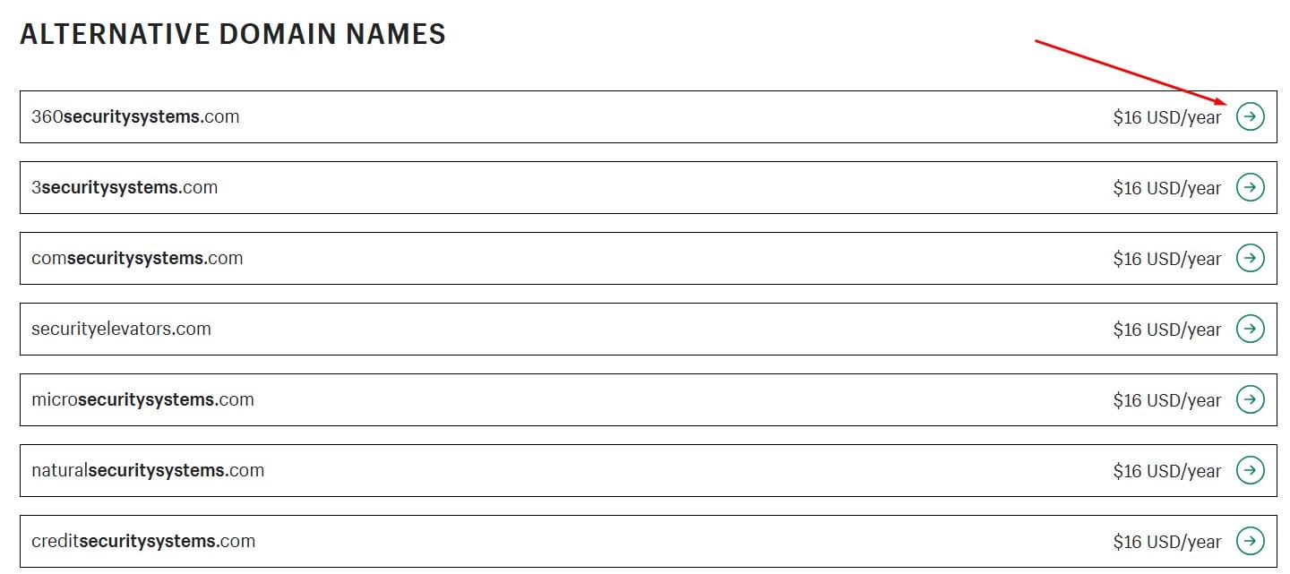 Shopify domain search results displaying alternative domain names for securitysystems, including pricing