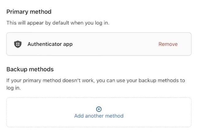 A screenshot showing backup methods for Shopify two-factor authentication