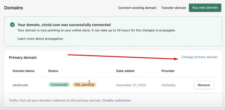 Shopify domain settings page displaying options to change the primary domain for your Shopify store.