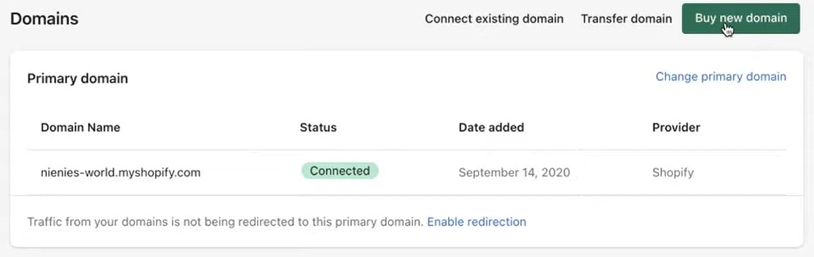 Shopify domain connection page with options to manage and configure existing domains for a Shopify store