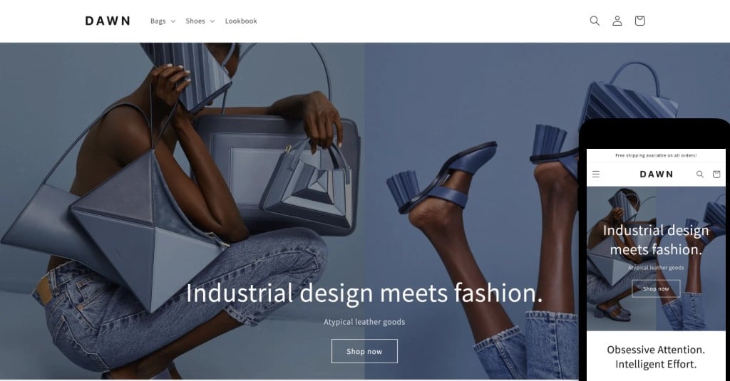 Dawn free Shopify theme for Fashion & Apparel stores with minimalist design and mobile-friendly layout.