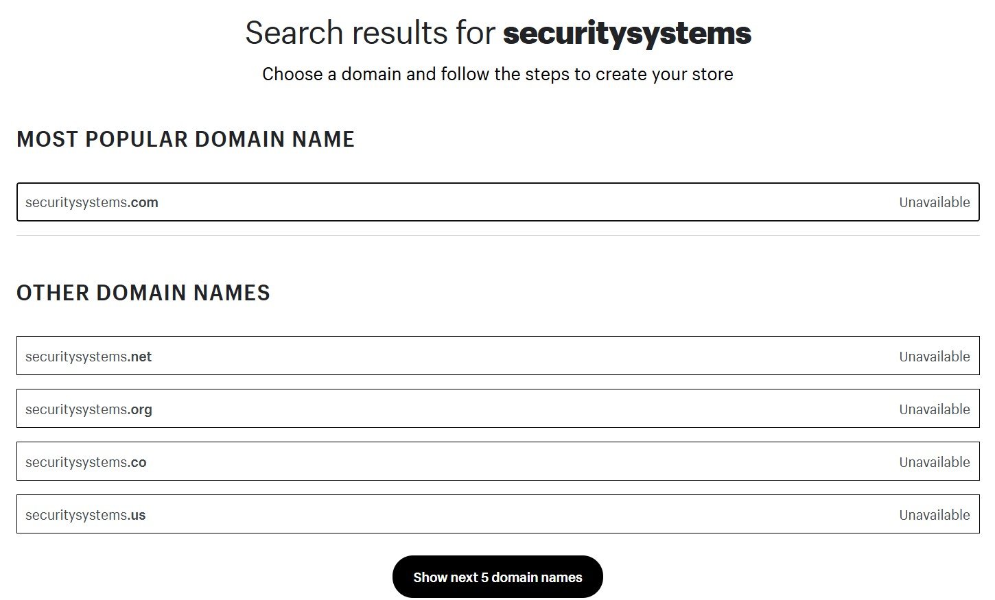 Shopify domain search results highlighting unavailable and alternative Shopify domain names for securitysystems