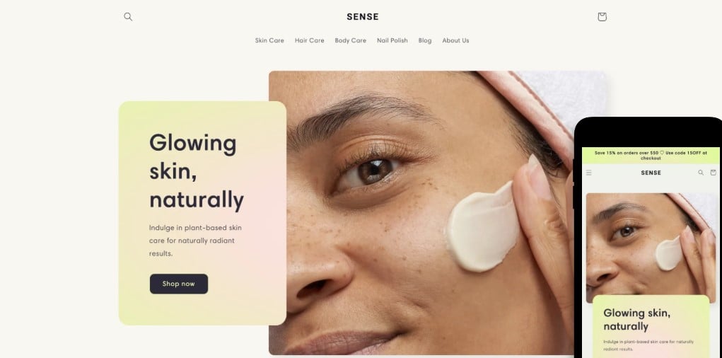 Sense free Shopify theme for Beauty & Wellness stores with clean, modern design and bold imagery.