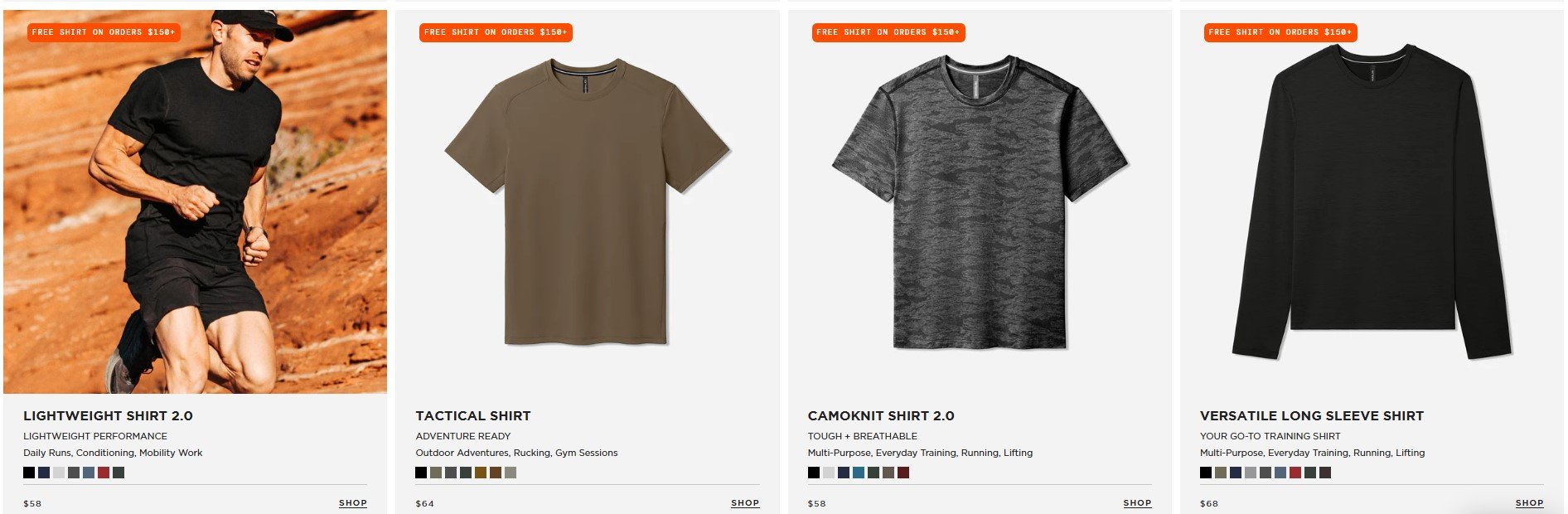 Ten Thousand online store displaying a collection of performance shirts with a free item promotion for orders over $150.