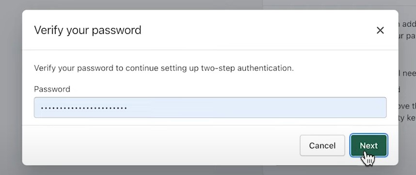 A screenshot showing a window for verifying your shopify password to enable two-factor authentication