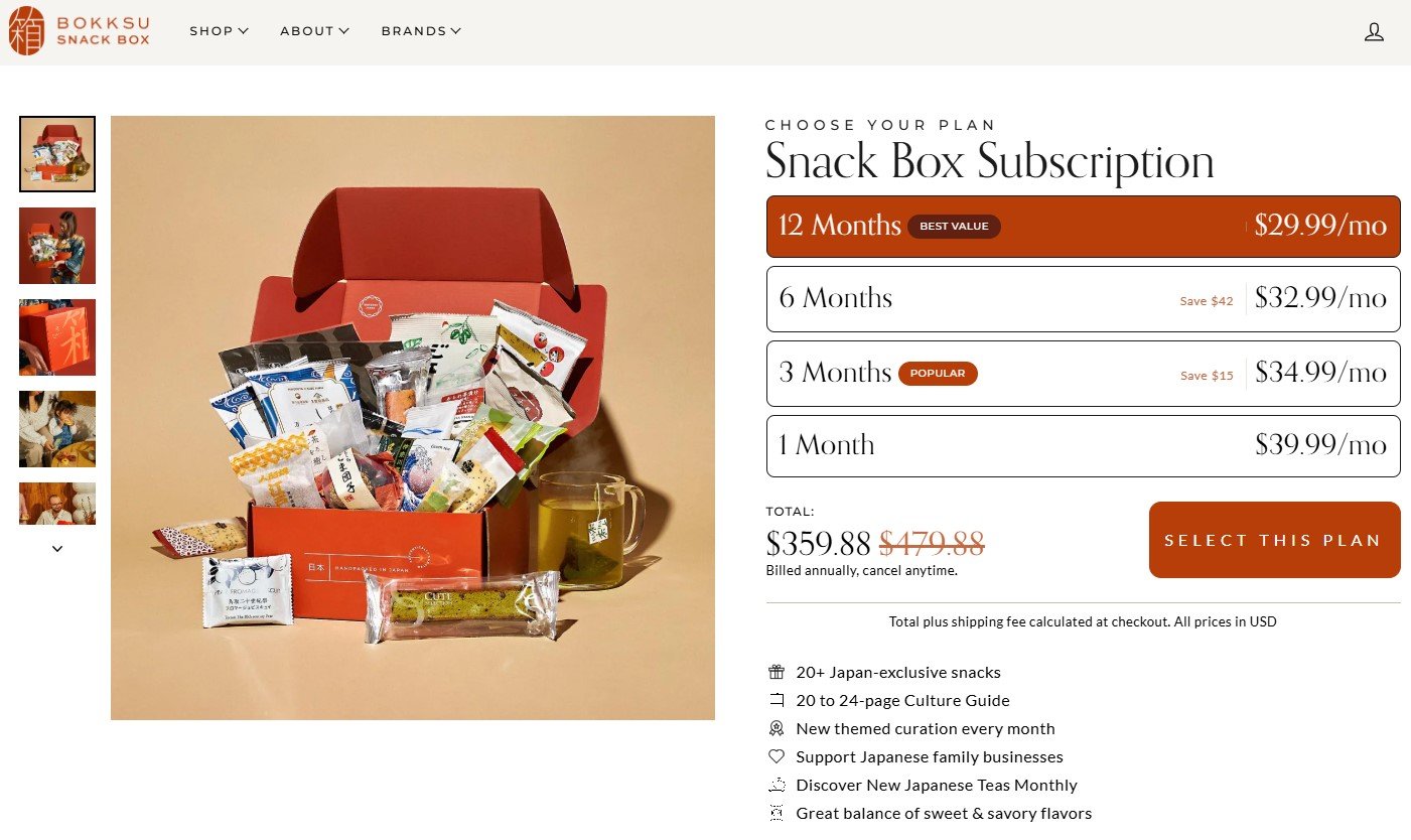 Bokksu subscription box website showcasing Shopify's capabilities for subscription-based e-commerce with snack box options.