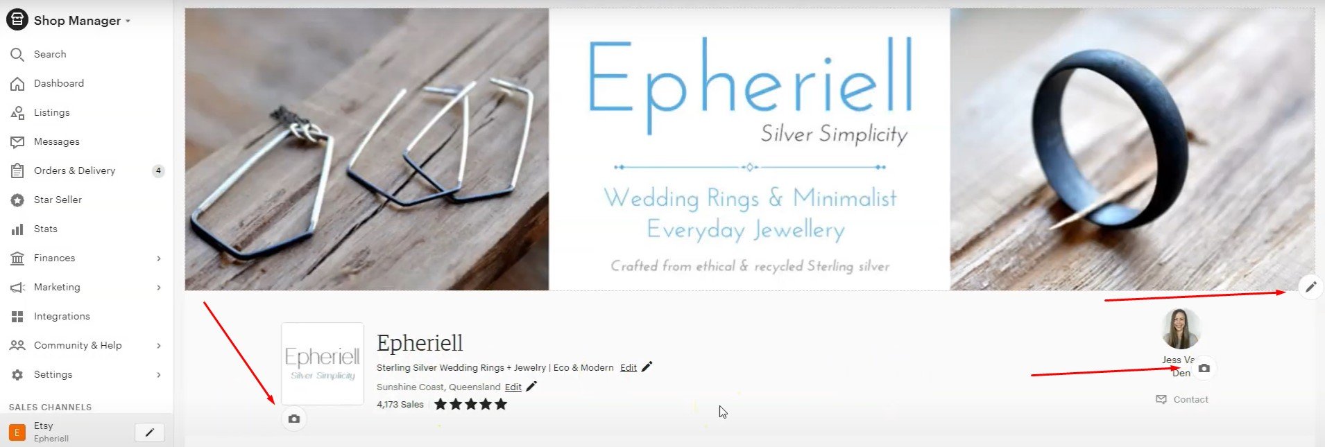 Etsy store dashboard showcasing banner and profile image editing options for personalizing your shop’s appearance.