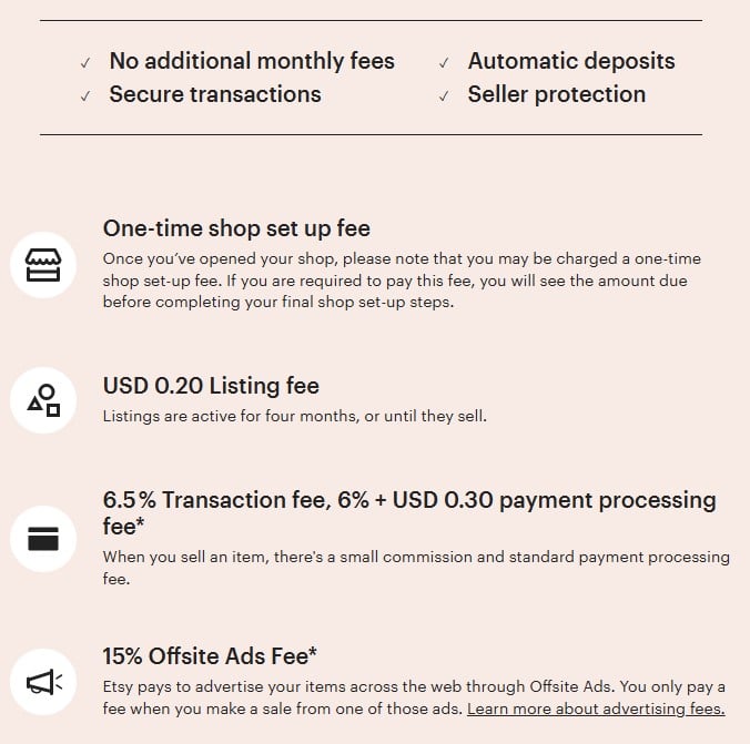 screenshot displaying etsy fees