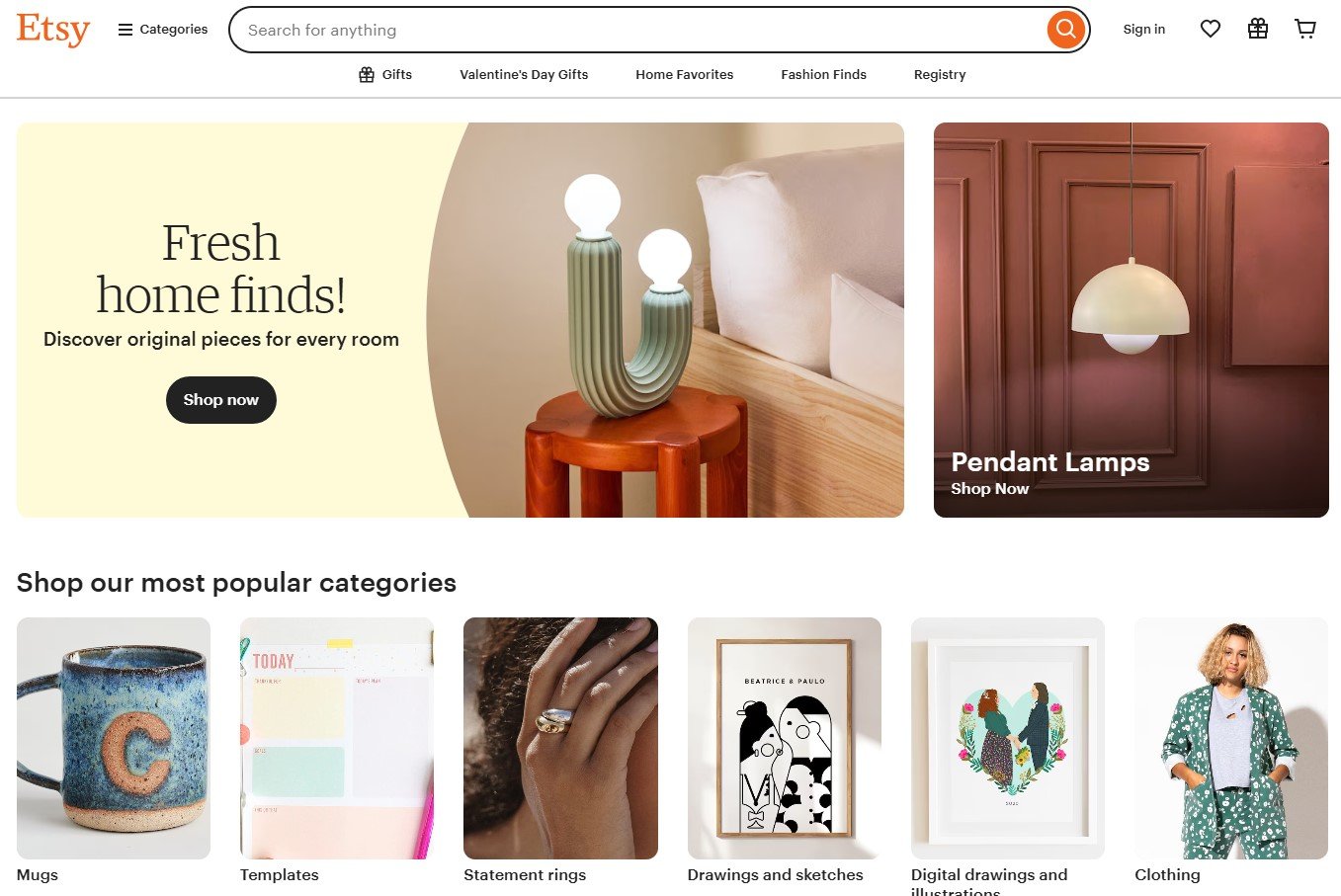 Etsy home page displaying fresh finds and popular categories like templates, mugs, and digital illustrations.