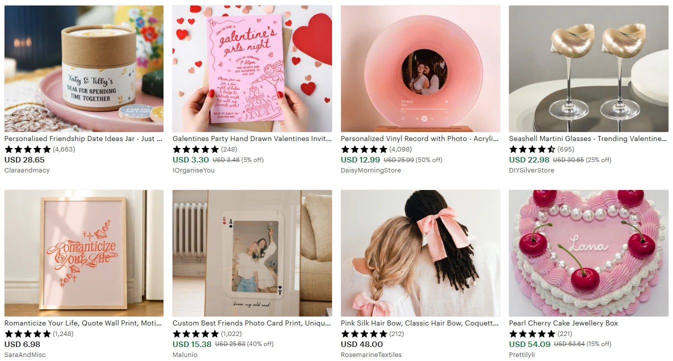 screenshot showing Etsy marketplace with multiple products from different sellers