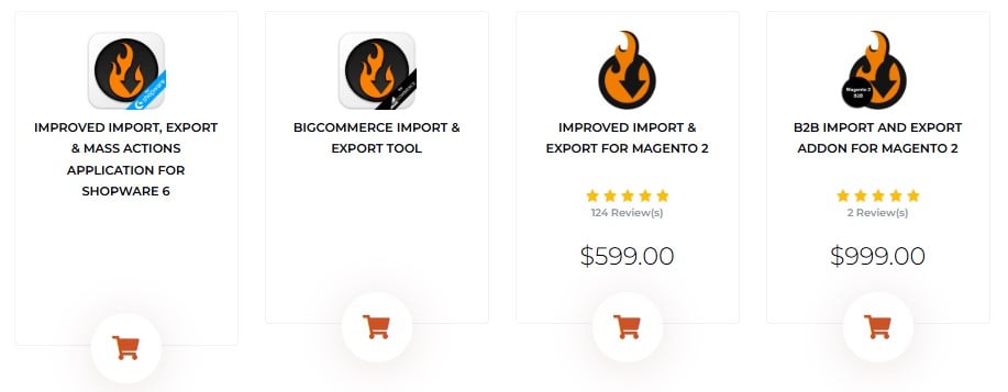 Firebear’s Shopify and Magento extensions showcasing pricing and customer ratings.