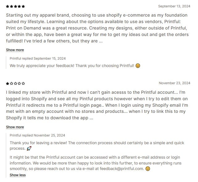 Printify app reviews on the Shopify App Store, including positive and negative feedback with developer responses.