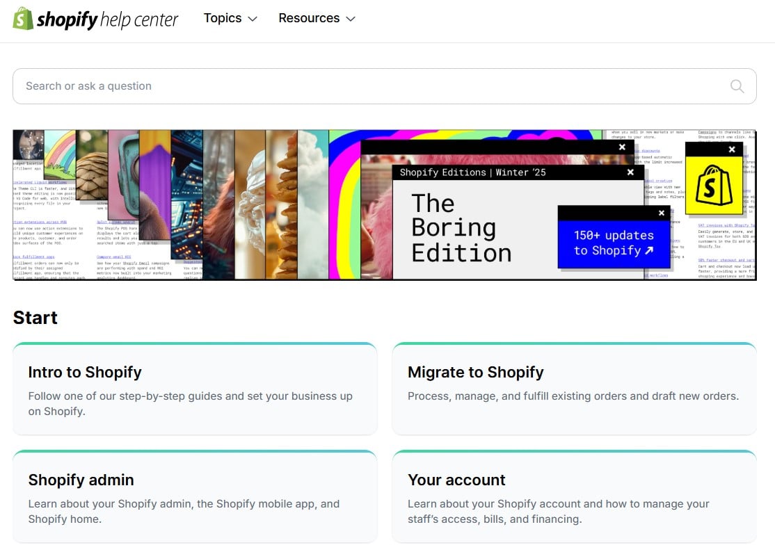 Shopify Help Center homepage featuring topics, resources, and quick-start guides.