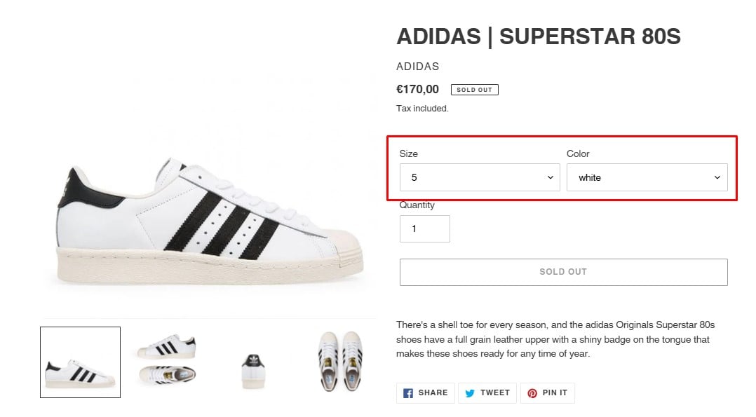 ADIDAS | SUPERSTAR 80S Shopify product page with variants in different sizes and colors