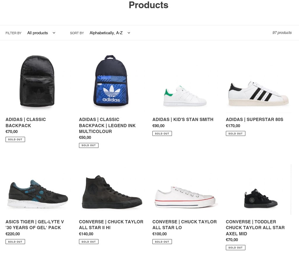 A Shopify store page showcasing multiple products